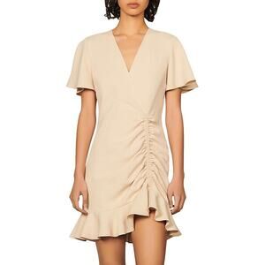 Sandro Albi Ruffle Trim Ruched Dress 36 Cream Beige EUC $345